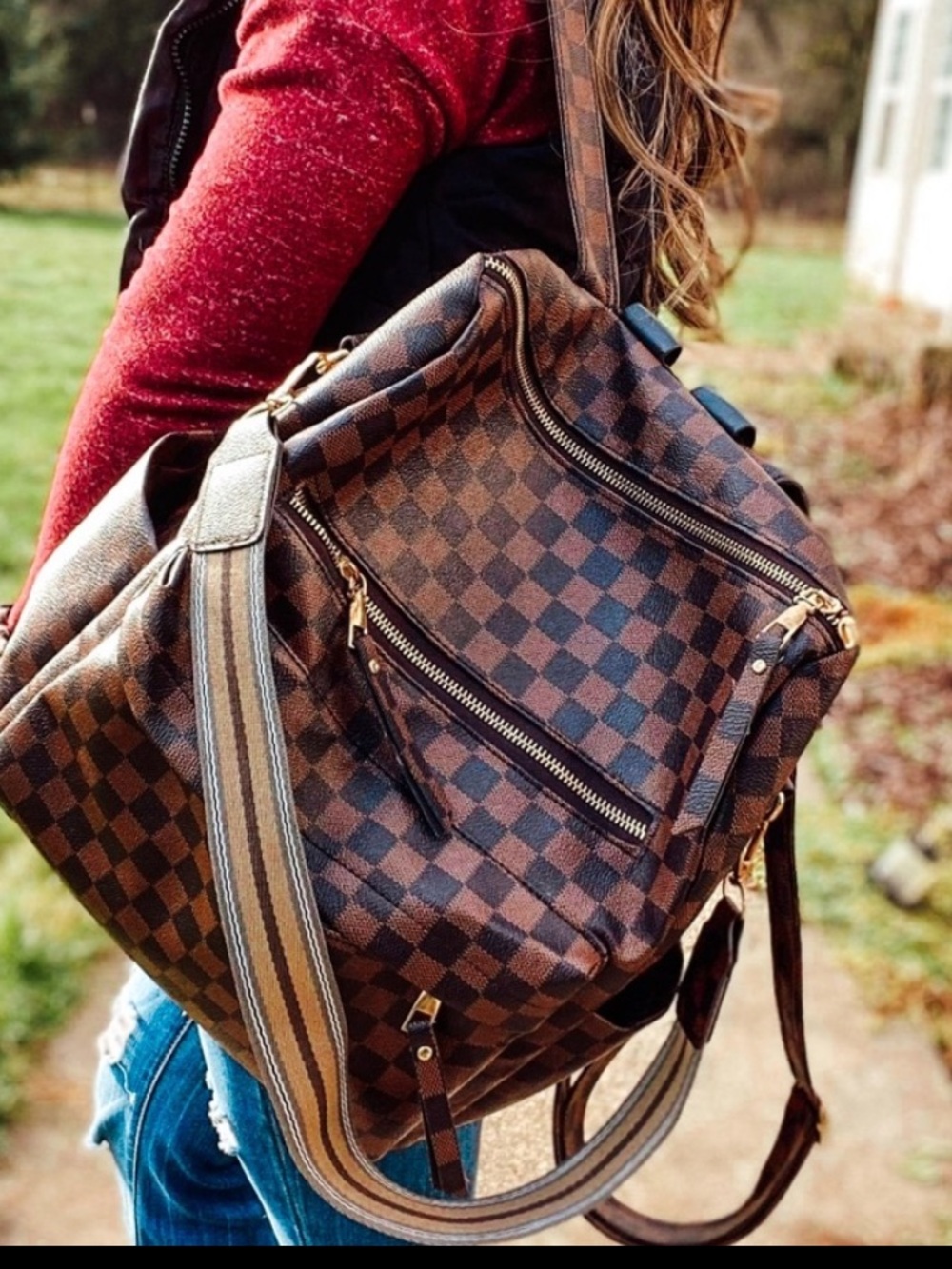 Checkered trendy backpack and wallet